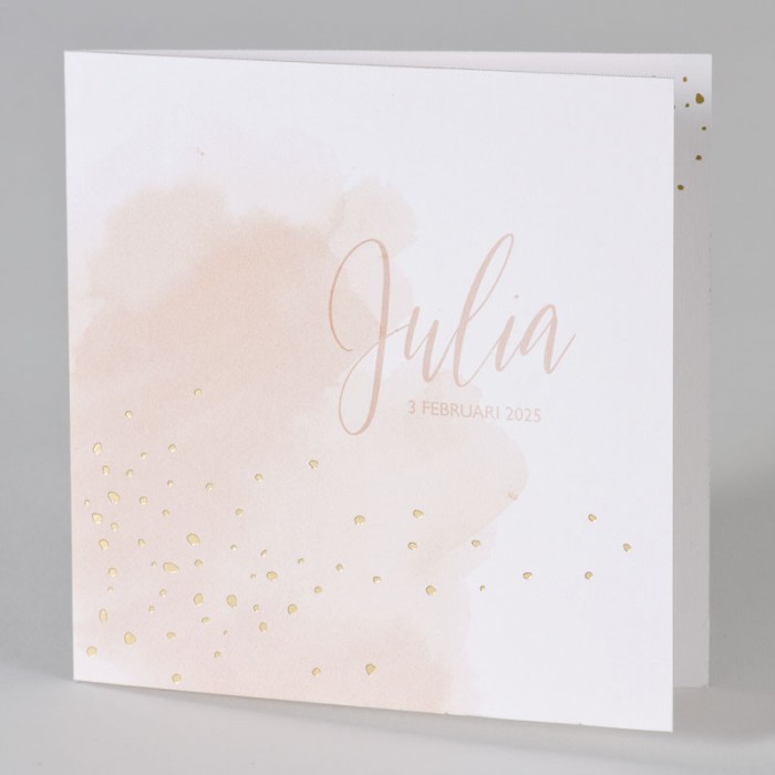 Geboortekaartje roze aquarel met confetti in goudfolie