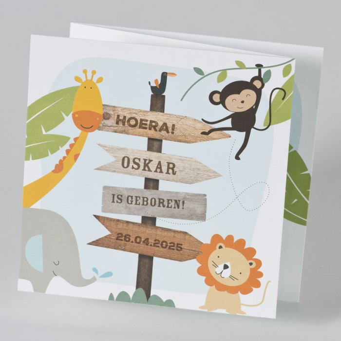 Geboortekaartje drieluik met grappige jungledieren