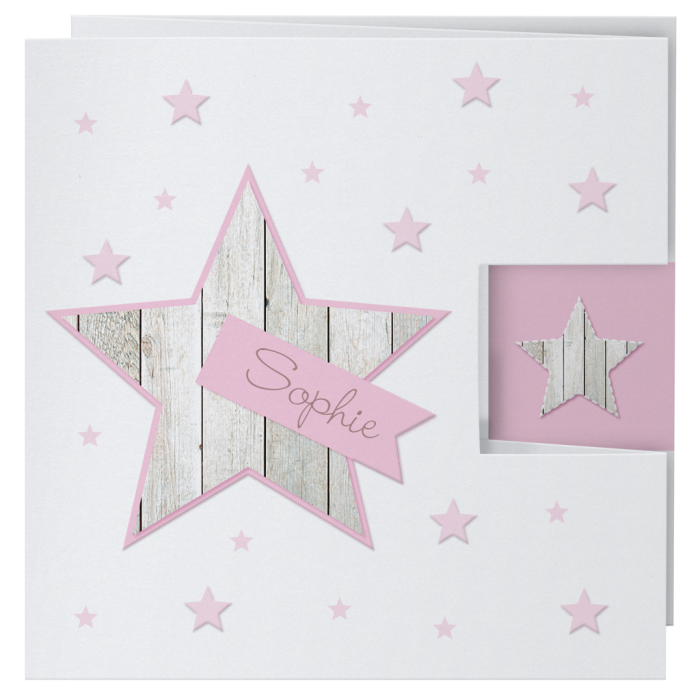Geboortekaartje met roze sterren en hout