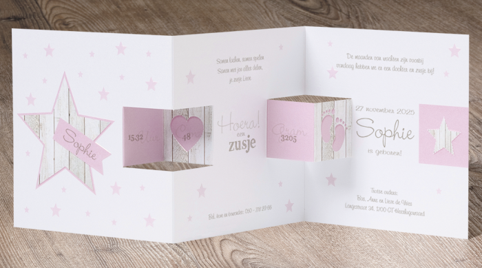 Geboortekaartje met roze sterren en hout - Afbeelding 2