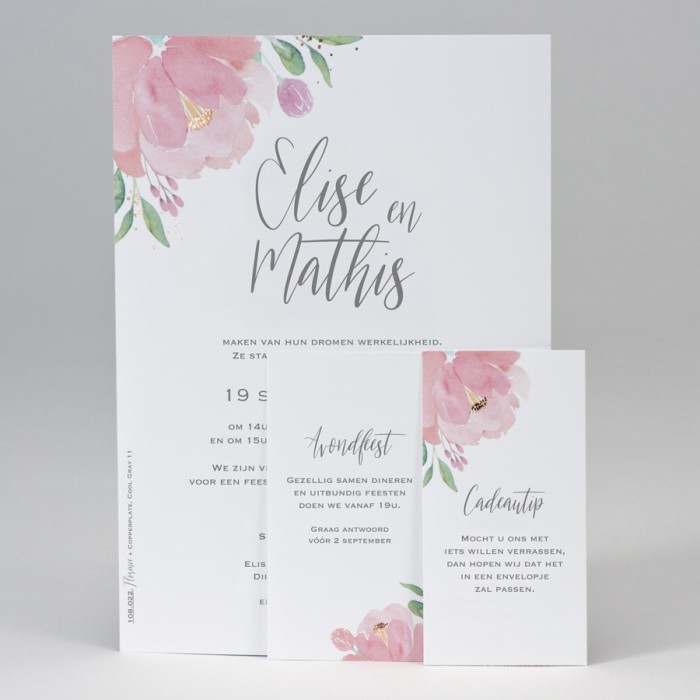 Huwelijkskaart in A5-formaat met roze aquarel