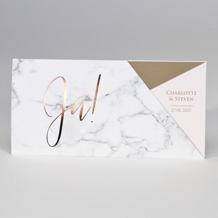 Huwelijkskaart in marmerlook met goud en roze