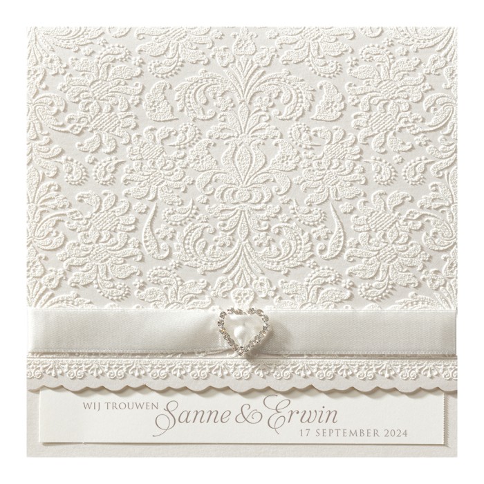 Huwelijkskaart vintage met strass steentjes en lint